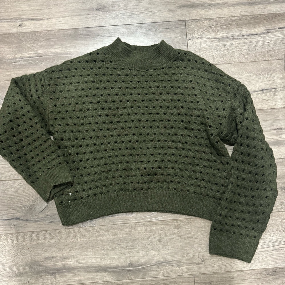 Mango Green Crew Neck Sweater Cozy Knit Pullover